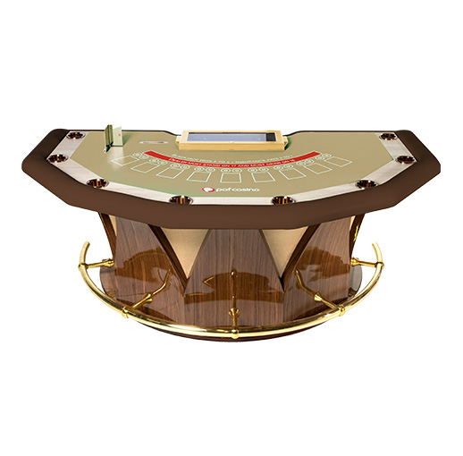 Blackjack tafel met luxe uitstraling met bruine lederen rand, lichtbruin speelveld en een prachtig luxe onderstel