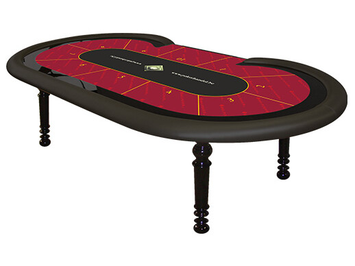Stijlvolle pokertafel met klassieke poten en zwarte lederen rand en hoogglans zwarte rand met rood/zwart speelveld