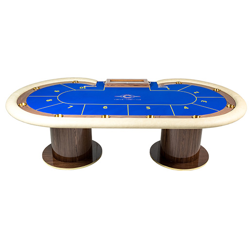 Luxe pokertafel met mahonie kolompoten een witte cremé kleurige lederen rand met blauw speelveld incl. dealer tray
