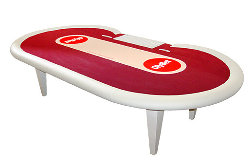 Pokertafel met stevige poten, witte lederen rand en rood speelveld, incl. dealer tray