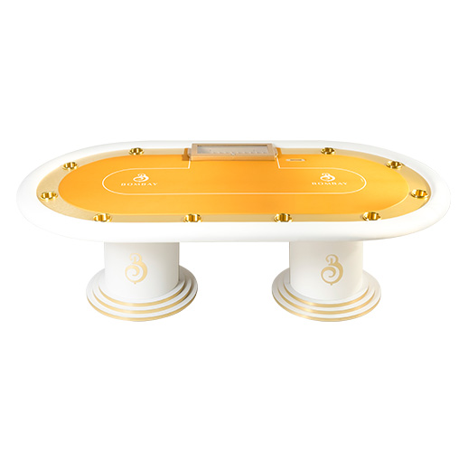 Pokertafel in witte stijle, met witte kolompoten en een witte lederen rand en houten binnenwerk met een geel/gouden rand